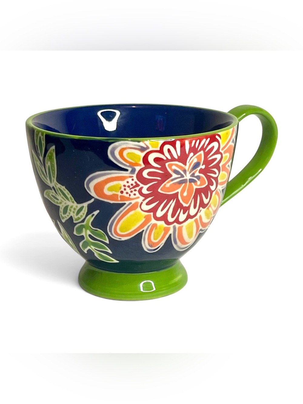 Anthropology Ella Ayaka Decorative Footed Slipware Coffee Cup 12 Oz Blue Green